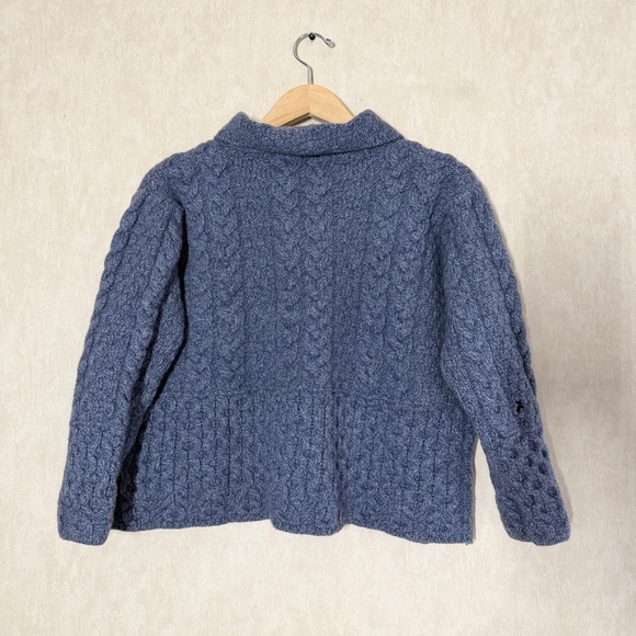 Aran Sweater Market 100% Merino Wool Ireland Cardigan Cable Knit Sweater Blue L - Picture 3 of 10